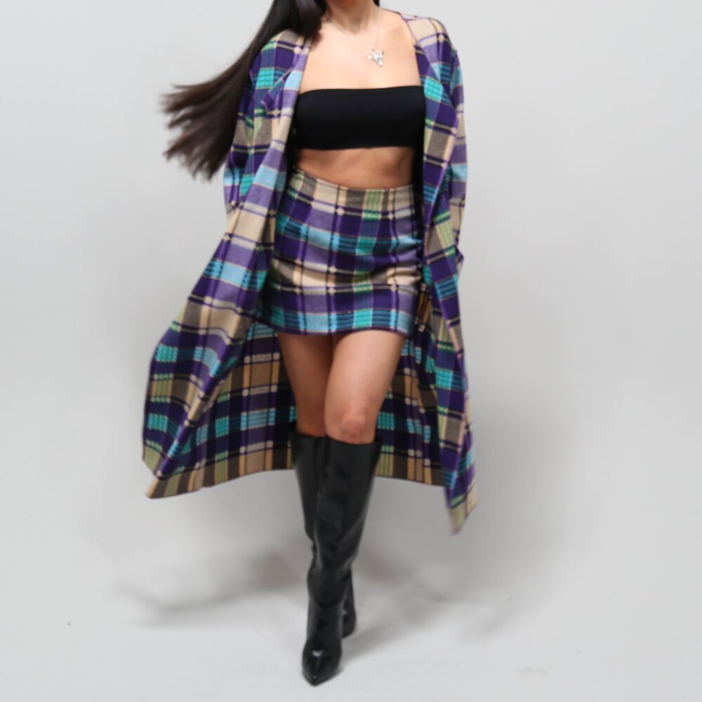 Purple Teal Plaid Long Coat & Mini Skirt Set – Statement Matching Set – Size S/M